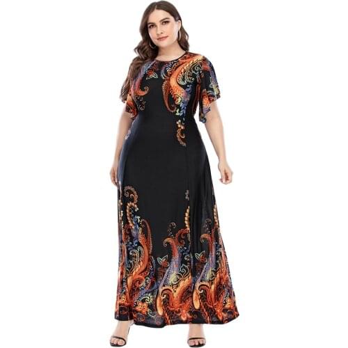 4XL 5XL Plus Size Women Clothing 2021 Summer Women O Neck Short Sleeve Retro Printing Vintage Dress Maxi Long Dresses