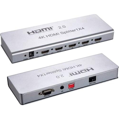 1X4 HDMI 2.0 Splitter 1 IN 4 Out 3D HDMI Splitter Switcher Support 4K/60HZ HDCP2.2 EDID RS232 for HDTV PC DVD Projector