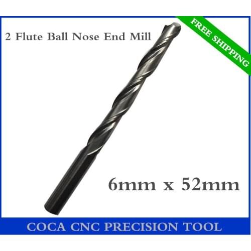 6mm*52mm,Freeshipping CNC Solid carbide woodworking insert router bit,Tungsten end mill,2 flute ball nose milling cutter,MDF