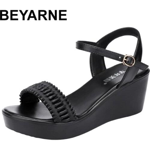 BEYARNE Middle Heel Sandals Women Summer Platform Wedges Heel White Black Ladies Shoes Comfortable Peep Toe Women Wedges