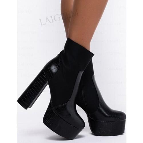 BERZIME Ankle Platform Boots Block High Heels Silp On Patchwork Booties Height Increase Black Shoes Woman Large Size 38 39 41 43