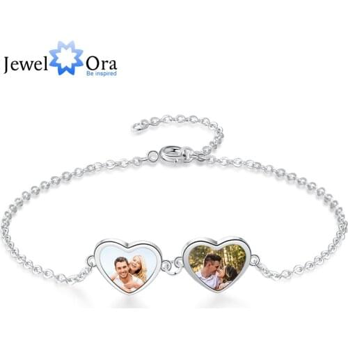JewelOra Designer Jewelry-Customized Photo Double Heart Chain Bracelets Stainless Steel Engraved Name Personalized Jewelry Gifts