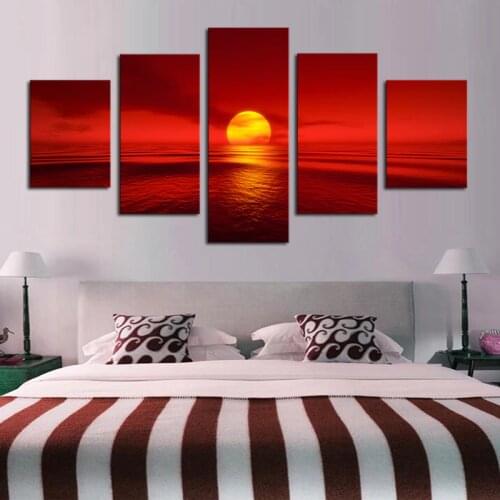 Canvas Paintings Modular Home Decor 5 Pieces Sunset Red Sun Sea Natural Landscape Poster Seascape Pictures Living Room Wall Art