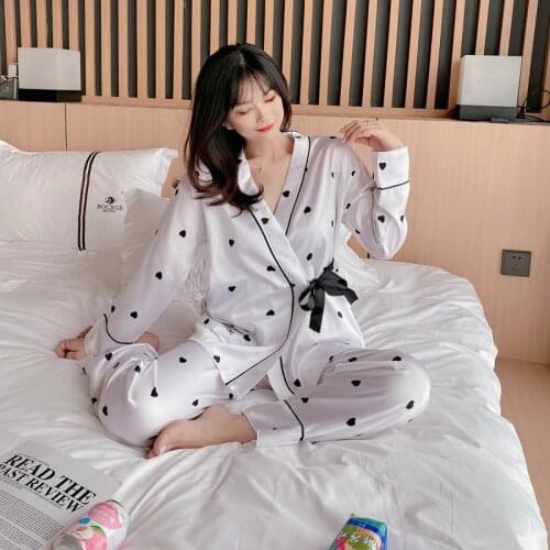 Japanese-Style Kimono Autumn Ice Silk Pajamas Suit Female Casual Spring Two-Piece Sleepwear Lace-Up Long Sleeve Women Home Wear
