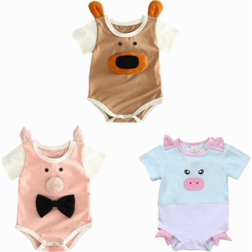 Newborn Baby Romper Short Sleeve Cartoon Animal Suit Cute Soft Cotton Pig Costume Boys & Girls Climbinb Clothes 0-18 Months