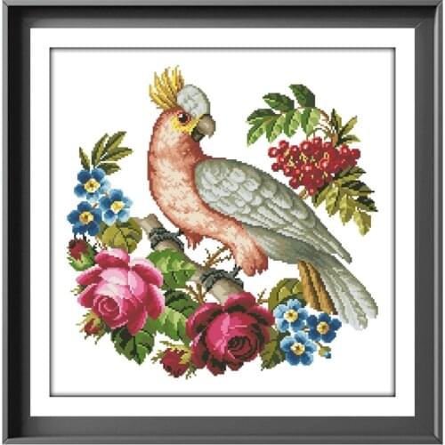 Parrot and roses cross stitch kits Dreampattern embroidery needlework sets 18ct 14ct 11ct unprint cloth DIY handmade