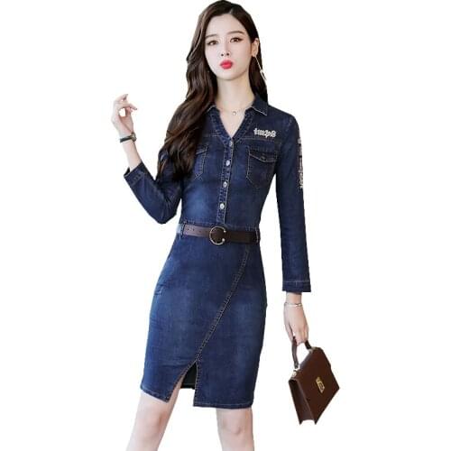 Latest Korean Style Fashion Women Spring And Autumn Denim Dress Lapel Letter Belt Pocket Plus size Female Casual Dresses OK750