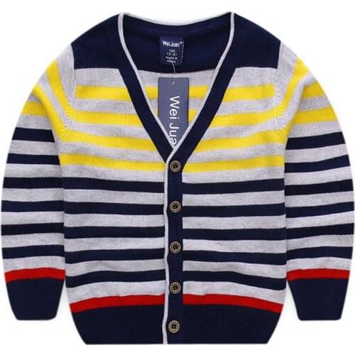 Wei Juan Brand New Boys Spring Autumn V-neck Full Cotton Colorful Striped Cardigan Botton 2-6yrs Thin Knitted Casual Sweaters