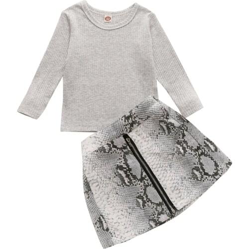 Fashion Kids Baby Girls Autumn Clothes Sets Long Sleeve Ribbed Knit Tops Zipper Serpentine Print Skirt 2Pcs Girl Outfits 1-5Y