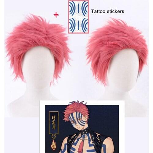 Anime Demon Slayer Akaza Cosplay Pink Short Wig Tattoo Stickers Kimetsu No Yaiba Train Mugen Heat-resistant Fiber Hair + Wig Cap
