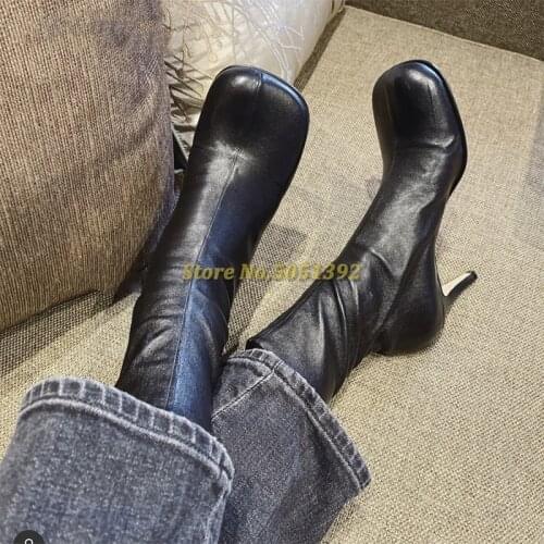 Autumn Winter Newest Soft Leather Booties Square Toe High Thin Heel Boots Zipper Solid Leather Fashion Women Shoes Stretch Boots