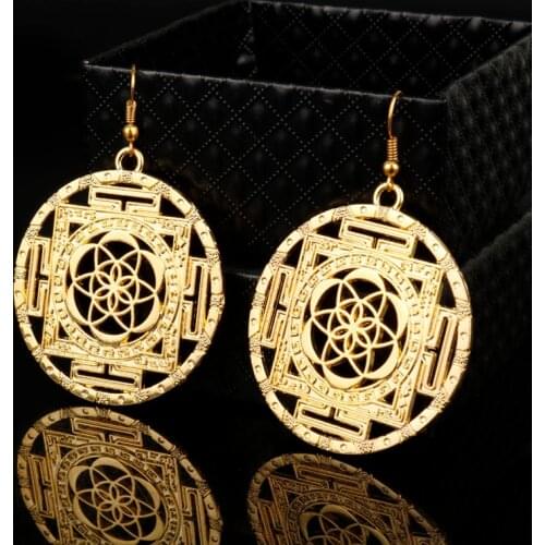 MQCHUN Flower of Life Drop Earrings Sacred Geometry Yoga Jewelry Handmade Gold Color Dangle Earrings
