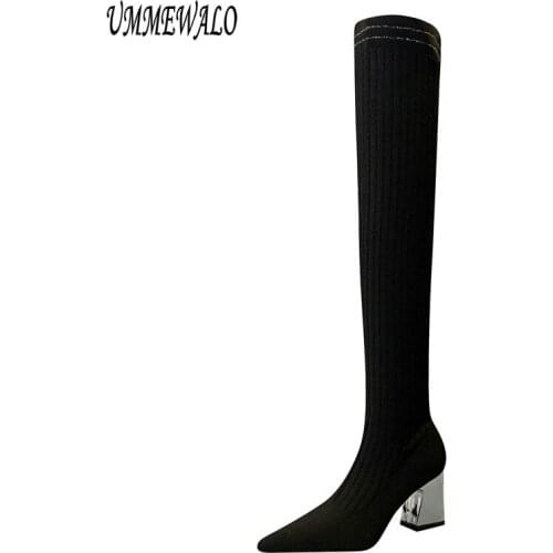 UMMEWALO Pointed Toe Slim Sexy Thigh High Boots Women Fashion High Heel Elastic Winter Knitting Boots Ladies Shoes