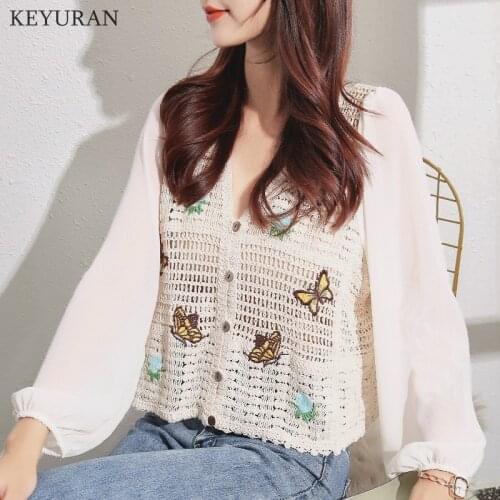Korean V-neck hollow out butterfly embroidered puff sleeve knitting sweater for women sweet splicing chiffon sleeve top female