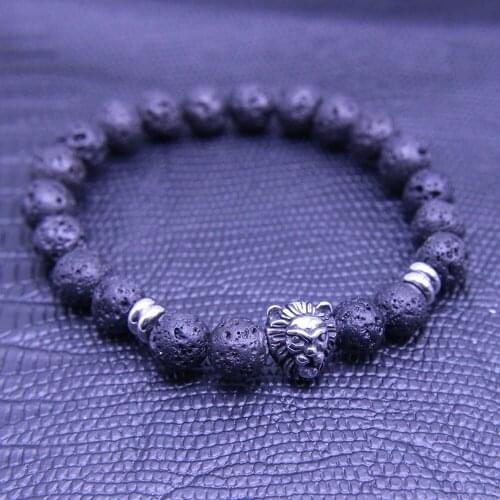 Wonlee Winle 8mm Lava Stone Beaded Stretch Bracelets for Men&Women Stainless Steel Lion Head Charms Strand Bracelet Jewelry