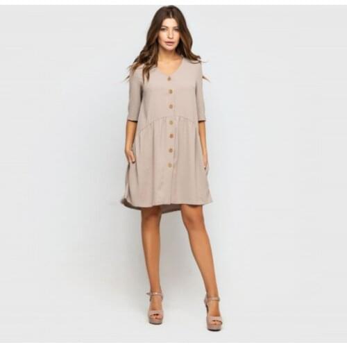 Women Casual Front Button A-line Dress Sexy V-neck Half Sleeves Stitching Mini Dress Loose Plus Size 2021 New Fashion Dress
