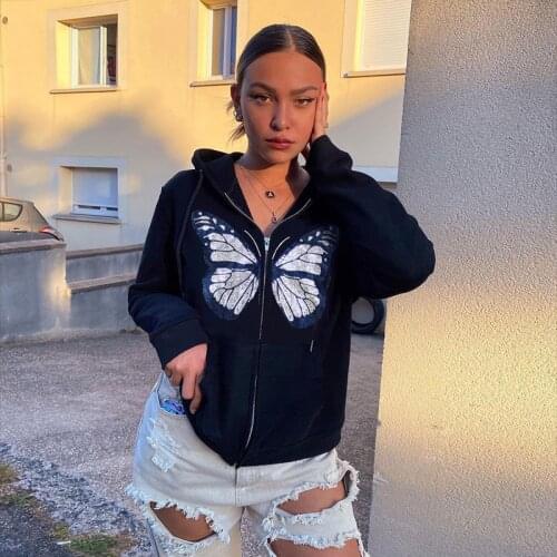 Topfight Women Butterfly Pattern Zipper Hoodie Long-sleeved Solid Hooded Loose All-match Sweater Y2K Autumn Grunge Top