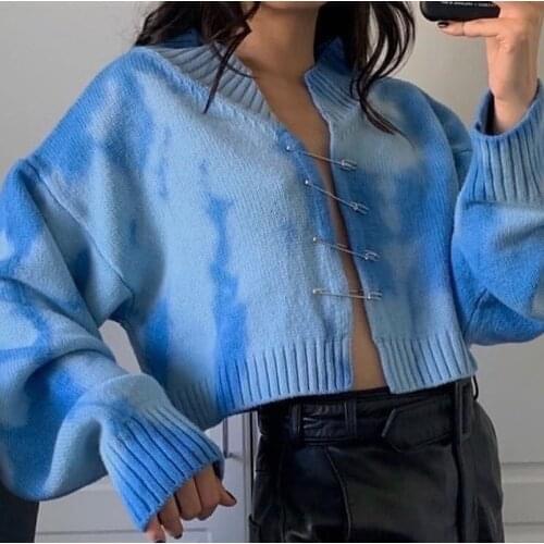 Women Fall Spring Blue Tie-dye Loose Pin Short Long-sleeved Sweater Cardigan Female Solid Color Korean Y2k Vintage Sweater Coat