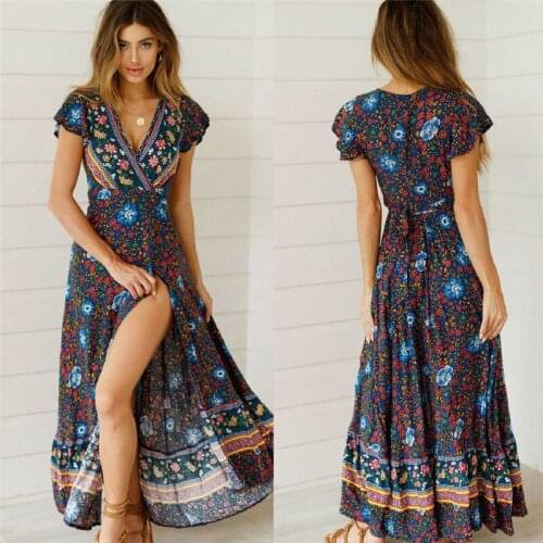 Boho Summer Women Floral Long Maxi Dresses Holiday Casual Sundress Sexy Split Beach V Neck Party Flower Print Vestidos Outfits