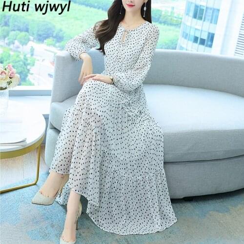2021 Vintage Elegant Long Sleeve Dress Spring Autumn Dot White Chiffon Casual Beach Midi Dress Women Bodycon Party Maxi Vestidos