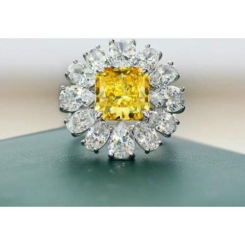 2021 Trend 925 Sterling Silver 10*10mm Aquamarine Topaz Sunflower Rings For Girlfriend Sparkling Lab Diamond Fine Jewelry Gift