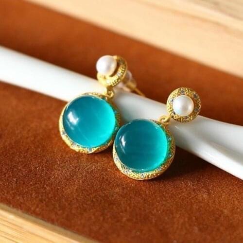 2021 autumn original new round amazonite pearl earrings temperament exquisite and elegant ladies silver jewelry