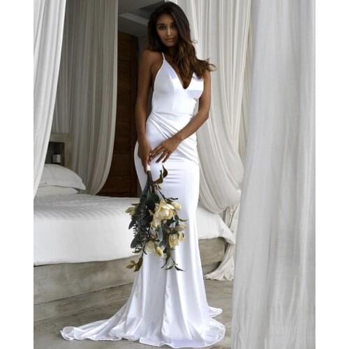 White V-Neck Spaghetti Straps Satin Court Train Backless Mermaid Wedding Dresses Sexy Open Back Wedding Gowns