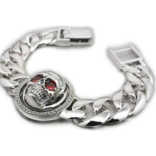 925 Sterling Silver Rotable Red CZ Eyes Skull Chain Mens Biker Rock Punk Bracelet 8F010