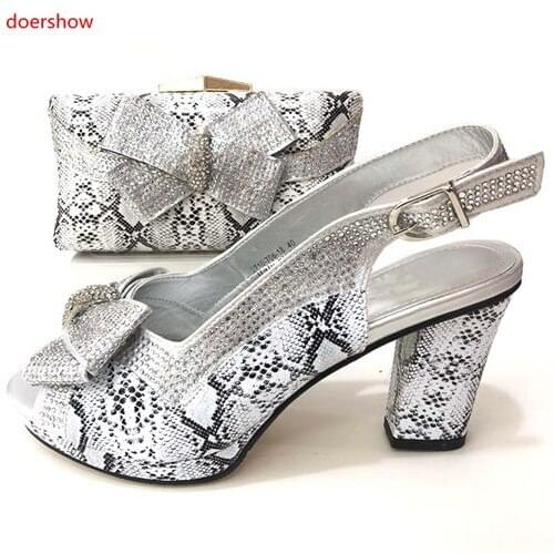 Doershow New Arrival silver Color Italian Shoes with Matching Bag Set Decorated with Rhinestone African Shoe and Bag Set SM1-18