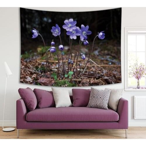 Tapestry Wildflower Hepatica Nobilis Growing in the Middle of the Forest Springtime Nature Blue Black Brown Picture Printed