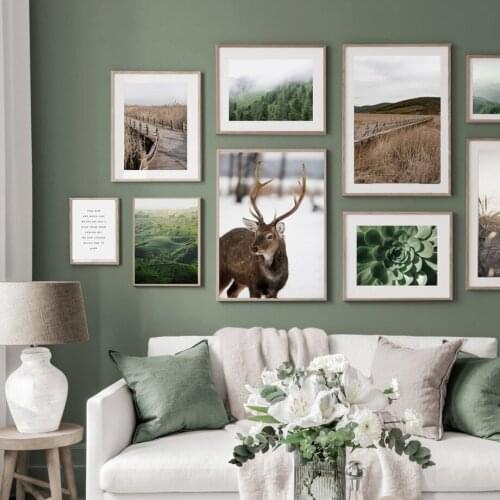 Red Deer Flower Cactus Bridge Grass Forest Spruce Wall Art Prints Canvas Painting Nordic Poster Decor Pictures For Living Room