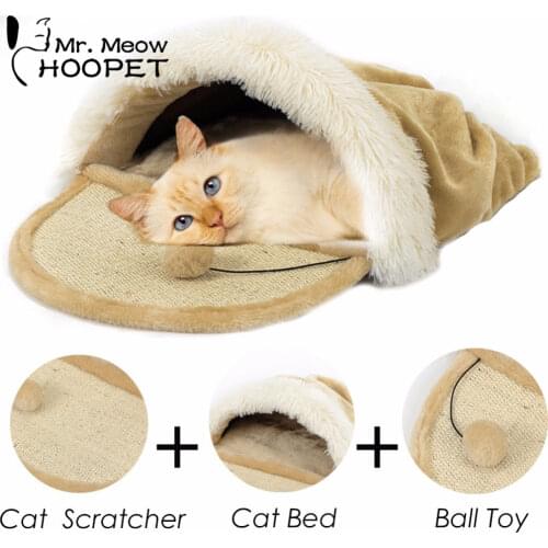Hoopet Soft Pet Cat Bed with Scratch Board Sherpa Ball Toy Kitten House Interactive Toy Puppy Mat multifunctional Sleeping Bag