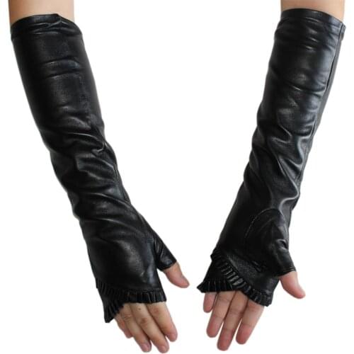 New Women Long Leather Gloves Black Fashion Sheepskin Velvet Silk Lining half finger gloves Autumn and winter