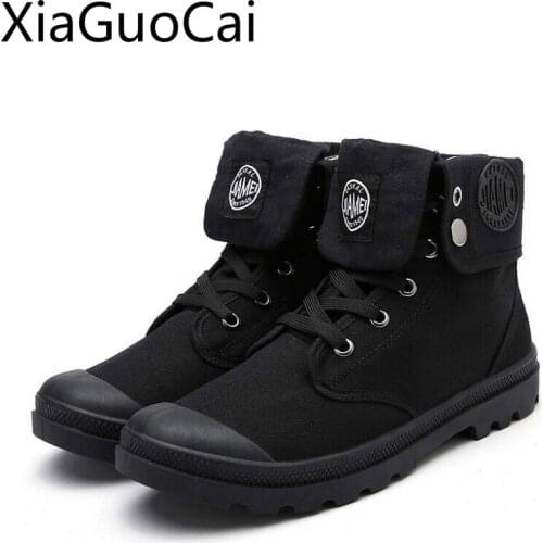 Autumn and Winter New Mens Casual Boots Round Toe Lace Up Solid Male Flat Canvas Ankle Boots Retro Martin Boots for Mens
