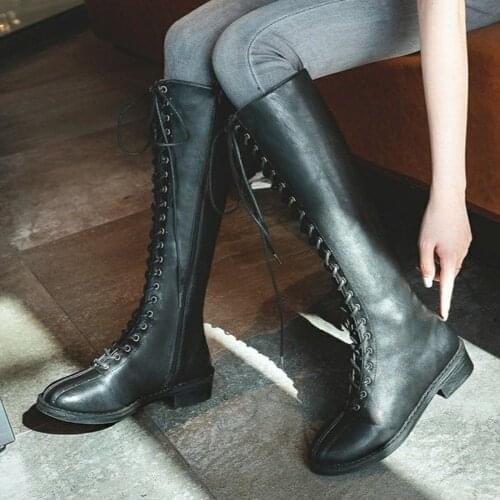 Autumn Winter Shoes Womens Fashion Boots Solid Lace-up Large Size Knee-high Flat Heels Knight Boots Shoes Long Motorcycle Boots
