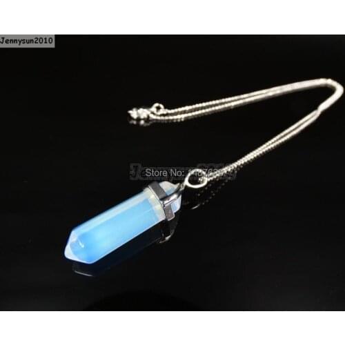 Natural Opalite Gems Stones Hexagonal Pointed Healing Reiki Chakra Pendant Beads Silver 17'' Chain Necklace 5 Sets/Pack