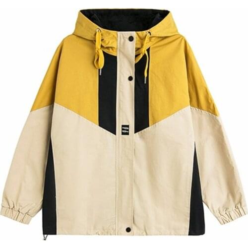 Color Block Windbreaker Women 2021New Spring Autumn Short Jacket Loose Large Size Hooded Outerwear Elegant Female Basic Coat Top