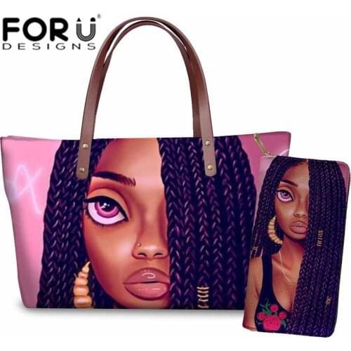 FORUDESIGNS Womens Bag for Travel Organizer Beach Handbags Black Art African Girls Printing 2pcs/set Hand Bag&Purse Sac A Main