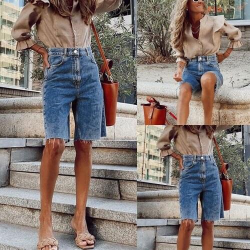 Womens Summer Casual Wild Fifth Jeans High Waist Tassel Hem Loose Fitting Retro Straight Pants Daily Streetwear Bottoms