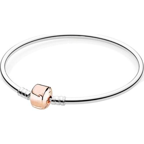 Authentic 925 Sterling Silver Rose Gold Barrel Clasp Snake Chain Basic pan Bracelet Bangle Fit Women Bead Charm Jewelry