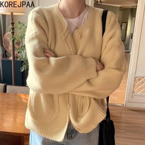 Korejpaa Woman Cardigan 2021 Korean Fashion Autumn Gentle O Neck Solid Loose Wild Single-breasted Long-sleeved Sweaters Jacket