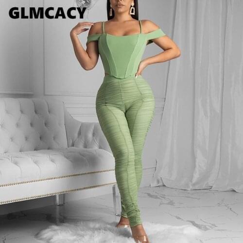 Women Two Piece Matching Sets Cold Shoulder Top & High Waist Bodycon Pleated Pants Oversize Suits