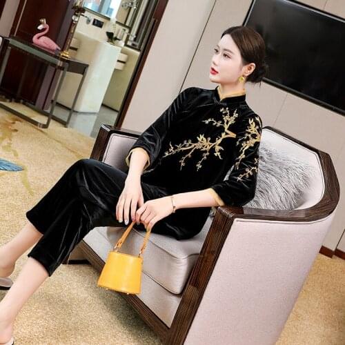 Autumn New Chinese Style Embroidery Leisure Woman Top + High Waist Wide Leg Pants Retro Two-Piece Suit S-2XL