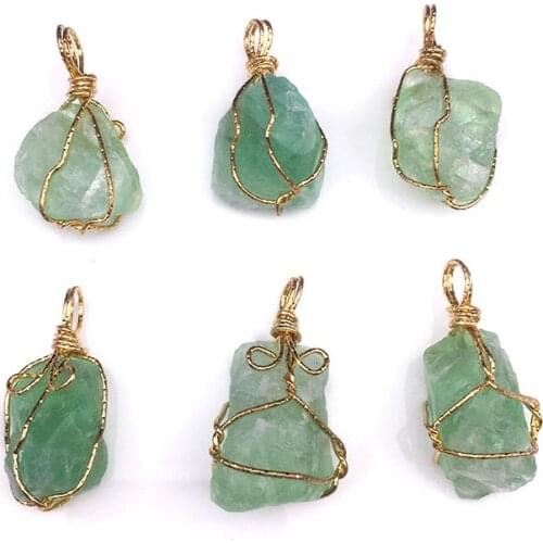 Natural Raw Fluorite Quartz Pendant Goldtone Brass Wire Wrapped Genuine Stone Women Necklace