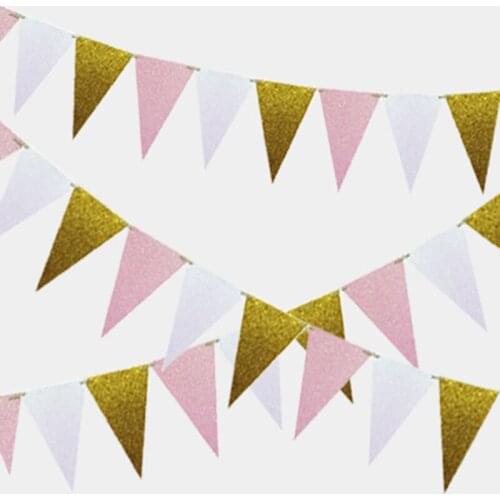 3m 15 Flag Gold Pink Paper Banner Garland Floral Bunting Banners DIY Kids Birthday Wedding Event Party Decoration Supplies