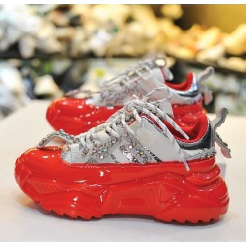 Diamonds Women Sneakers Breathable Genuine Leather Height Increasing Sport Shoes Street Lace Up Outdoor Jogging Athletic Shoes