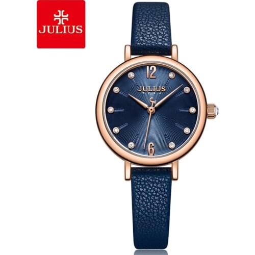 Julius Womens Watch for Small Wrist Ladies Top Quality Luxury Blue Wristwatches Japan Movement Waterproof Leather Clock JA-1077