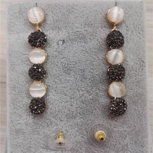 Long strip shape golden metal paved round black and white crystal rhinestone and natural stone charms dangle earring for women