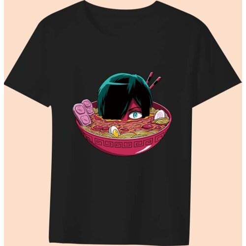 Summer T-shirt Womens Japanese Basic Style Ladies Slim Round Neck Casual Soft Cartoon Anime Pattern Printing Series Black Top