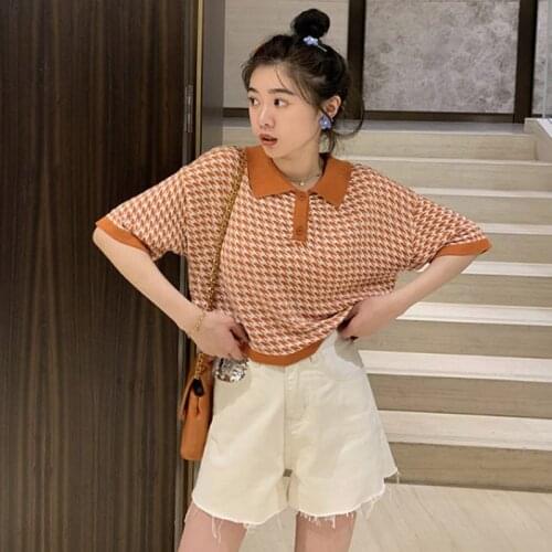 Women Summer Loose Casual Short Sleeve Lapel Plaid T-shirts Vintage Houndstooth Pattern Tops